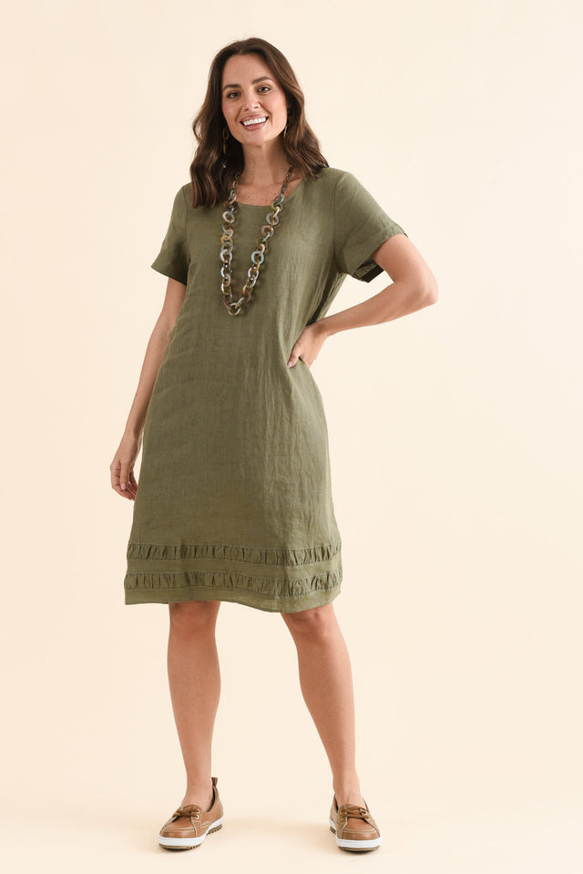 Erikson Olive Linen Pocket Dress,Front,Brunette model,alt text|model:MJ