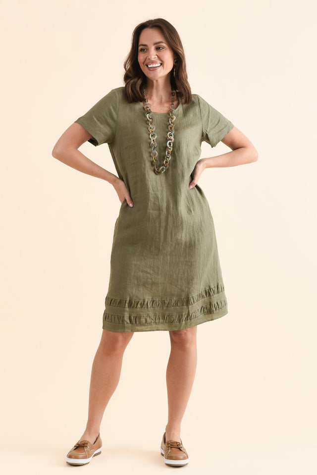 Erikson Olive Linen Pocket Dress,Full Body,Brunette model,alt text|model:MJ