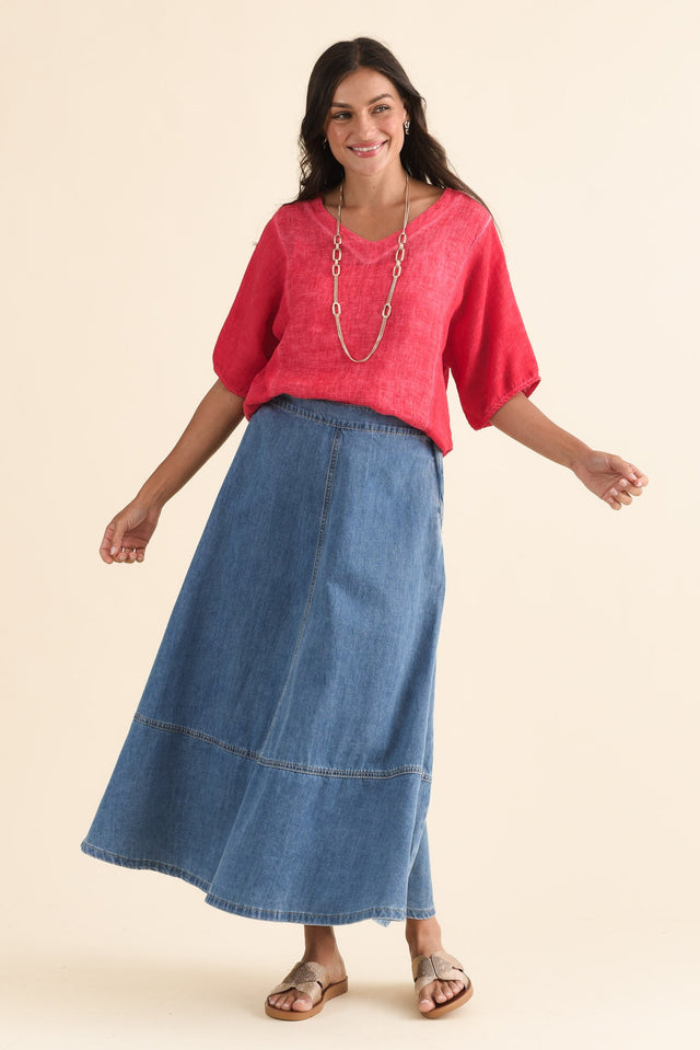 Estelle Blue Denim Midi Skirt,Full Body,Brunette model,alt text|model:Brontie image 2