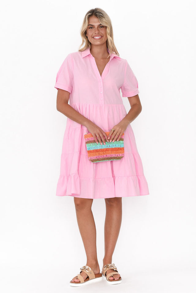 Estelle Pink Cotton Tier Shirt Dress