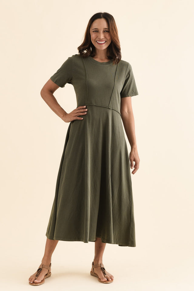 Eva Khaki Cotton Midi Dress,Full Body,Brunette model,alt text|model:Cara