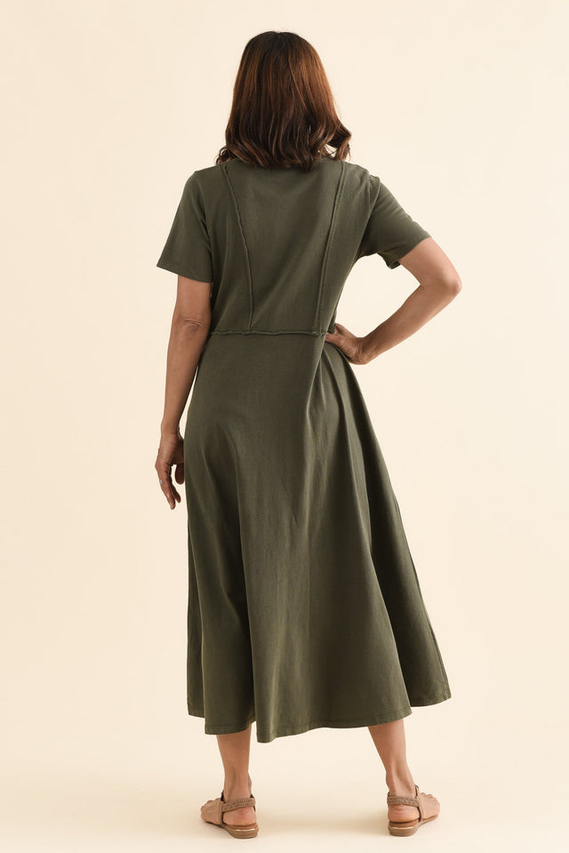 Eva Khaki Cotton Midi Dress,Back,Brunette model,alt text|model:Cara image 4