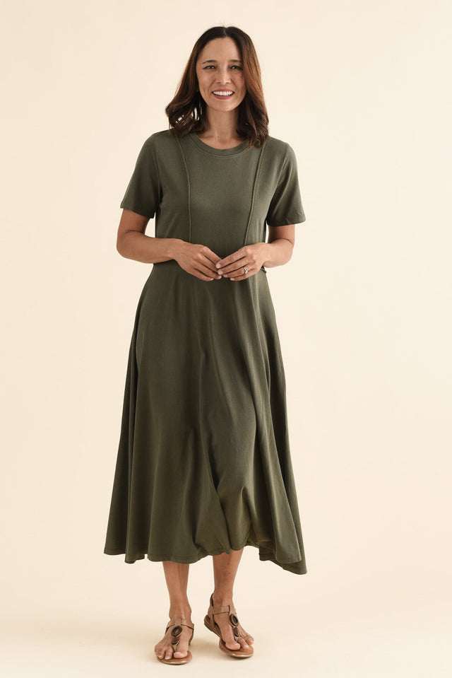 Eva Khaki Cotton Midi Dress,Full Body,Brunette model,alt text|model:Cara image 6