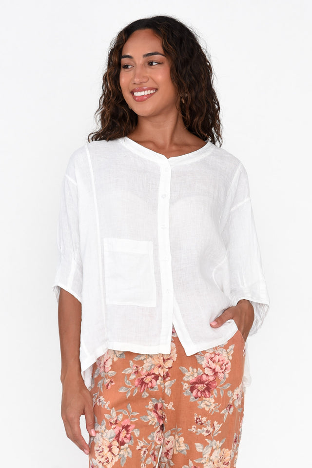 Evadalia White Linen Button Top neckline_Round  alt text|model:Demi;wearing:One Size