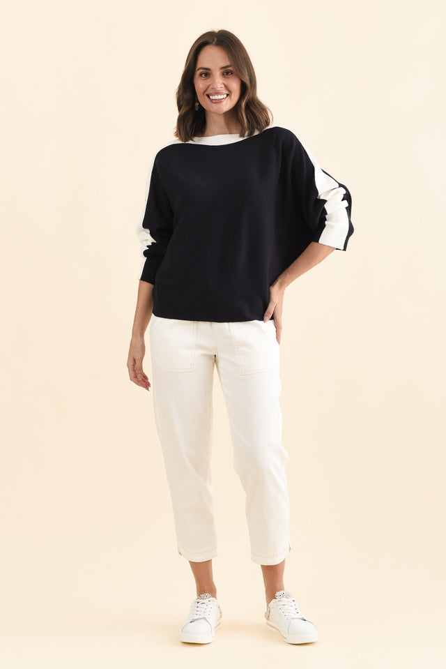 Eve Navy Contrast Boatneck Knit Jumper,Brunette model,alt text|model:MJ image 7
