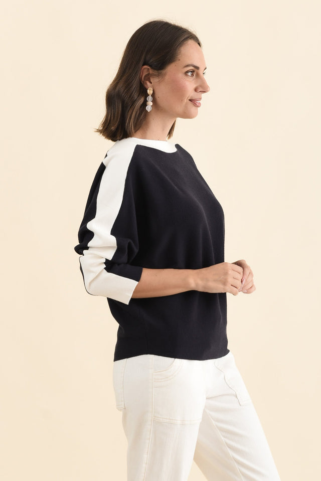 Eve Navy Contrast Boatneck Knit Jumper,Brunette model,alt text|model:MJ image 4