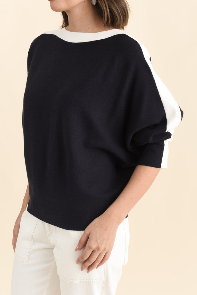 Eve Navy Contrast Boatneck Knit Jumper,Brunette model,alt text|model:MJ image 6