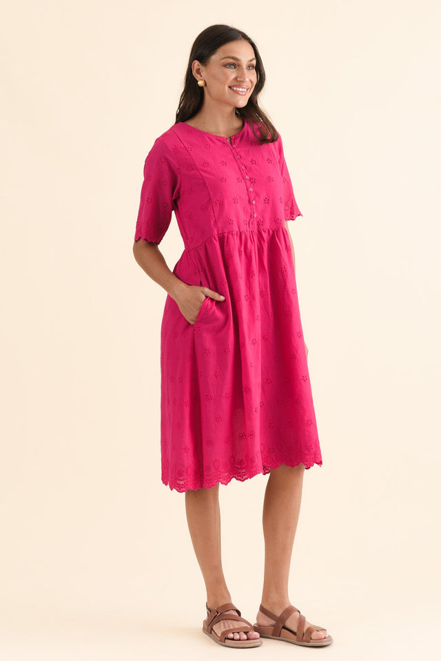 Evia Hot Pink Cotton Embroidered Dress,Side,Brunette model,alt text|model:Brontie image 3