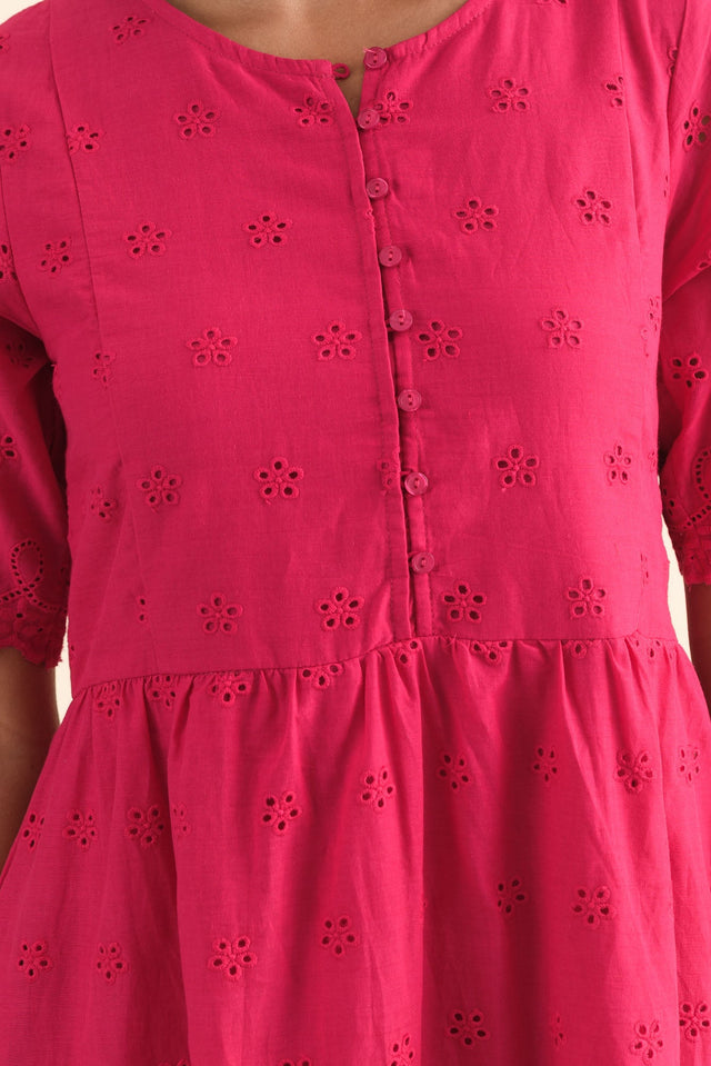 Evia Hot Pink Cotton Embroidered Dress,Detail,Brunette model,alt text|model:Brontie image 5