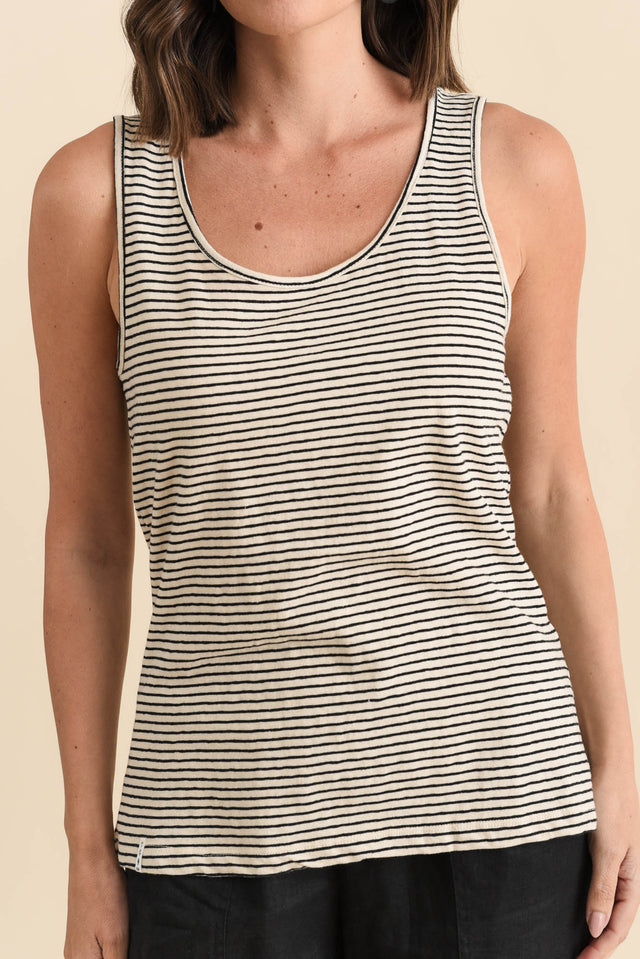 Evie Black Stripe Cotton Linen Tank,Brunette model,alt text|model:MJ image 7