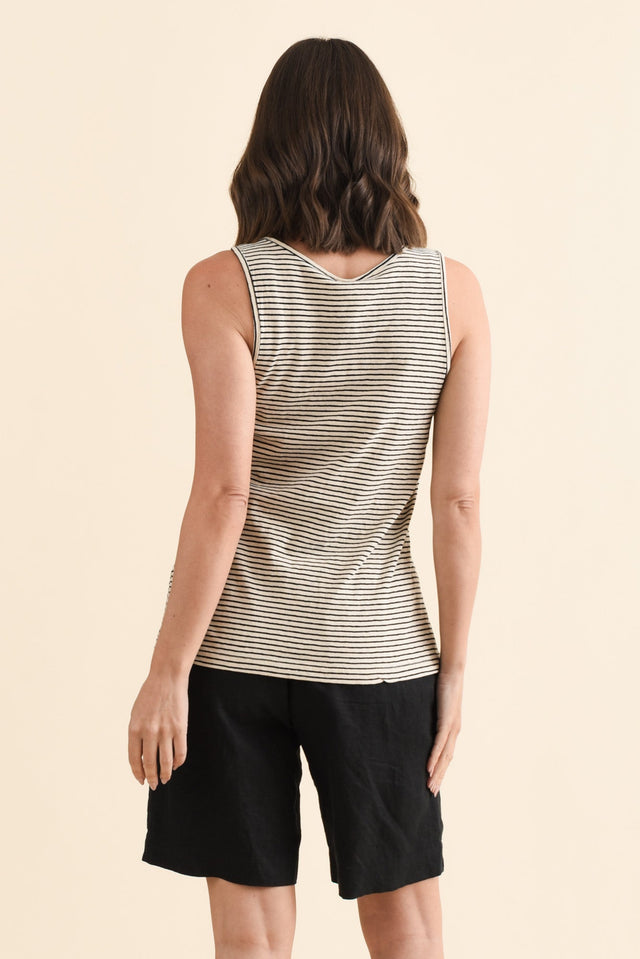 Evie Black Stripe Cotton Linen Tank,Brunette model,alt text|model:MJ image 6