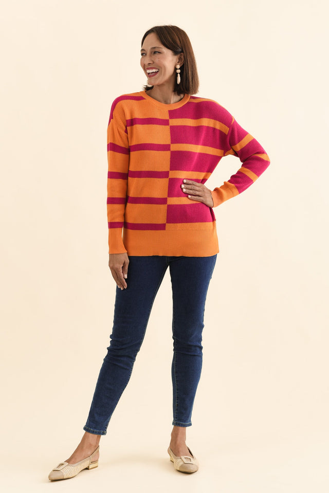 Evolet Orange Stripe Organic Cotton Knit Jumper,Brunette model,alt text|model:Cara image 3