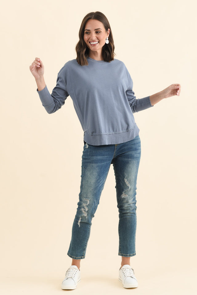 Farrah Blue Cotton Long Sleeve Top,Brunette model,alt text|model:MJ image 7