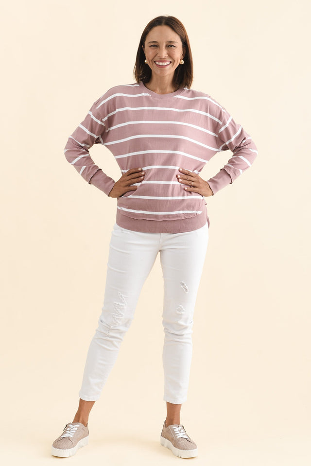 Farrah Blush Stripe Cotton Long Sleeve Top,Brunette model,alt text|model:Cara image 3