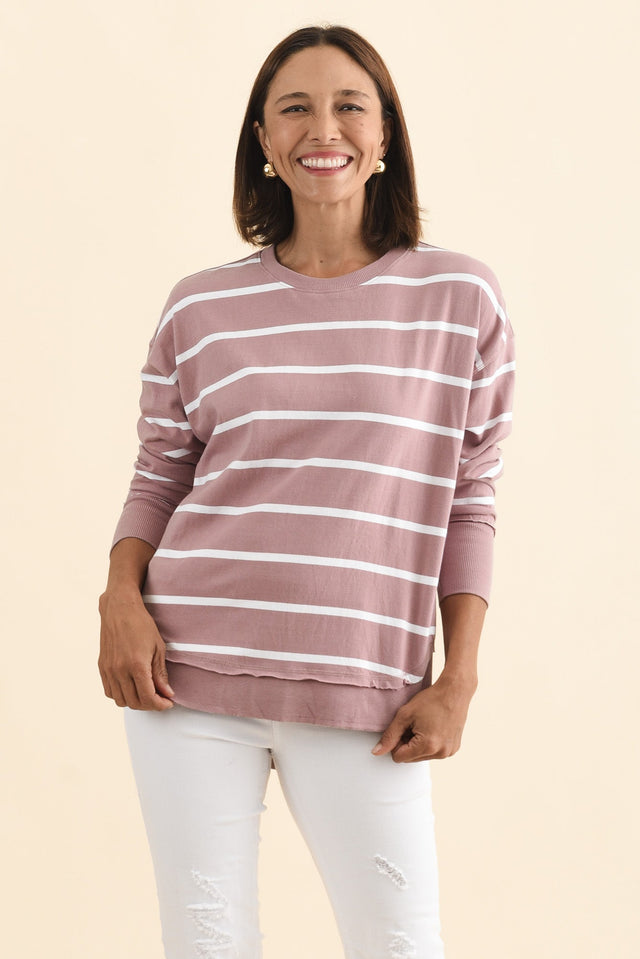 Farrah Blush Stripe Cotton Long Sleeve Top,Brunette model,alt text|model:Cara