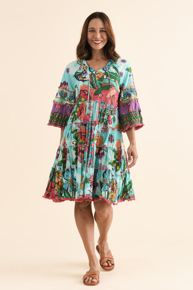 Farren Blue Floral Tiered Dress,Full Body,Brunette model,alt text|model:Cara
