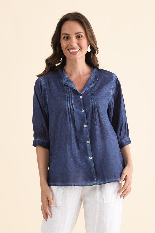 Farrow Navy Cotton Pleated Blouse,Front,Brunette model,alt text|model:MJ image 1