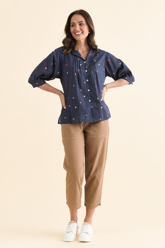 Farrow Navy Nautical Cotton Pleated Blouse,Full Body,Brunette model,alt text|model:MJ image 6