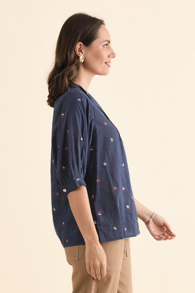 Farrow Navy Nautical Cotton Pleated Blouse,Side,Brunette model,alt text|model:MJ image 3