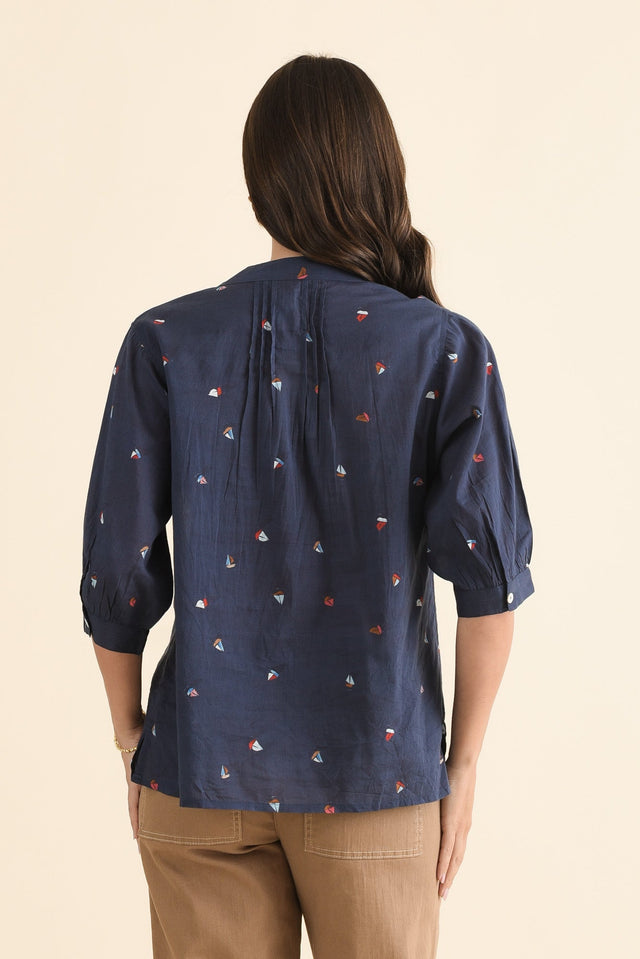 Farrow Navy Nautical Cotton Pleated Blouse,Back,Brunette model,alt text|model:MJ image 4