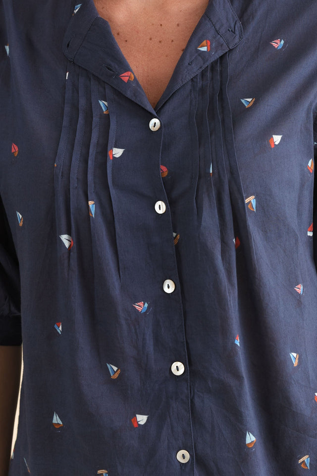 Farrow Navy Nautical Cotton Pleated Blouse,Detail,Brunette model,alt text|model:MJ image 5