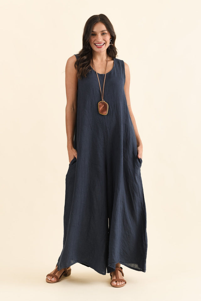 Fay Navy Linen Jumpsuit,Full Body,Brunette model,alt text|model:Brontie