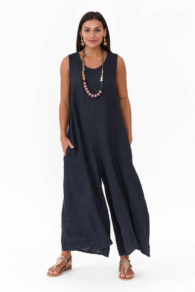 Fay Navy Linen Jumpsuit    alt text|model:Brontie