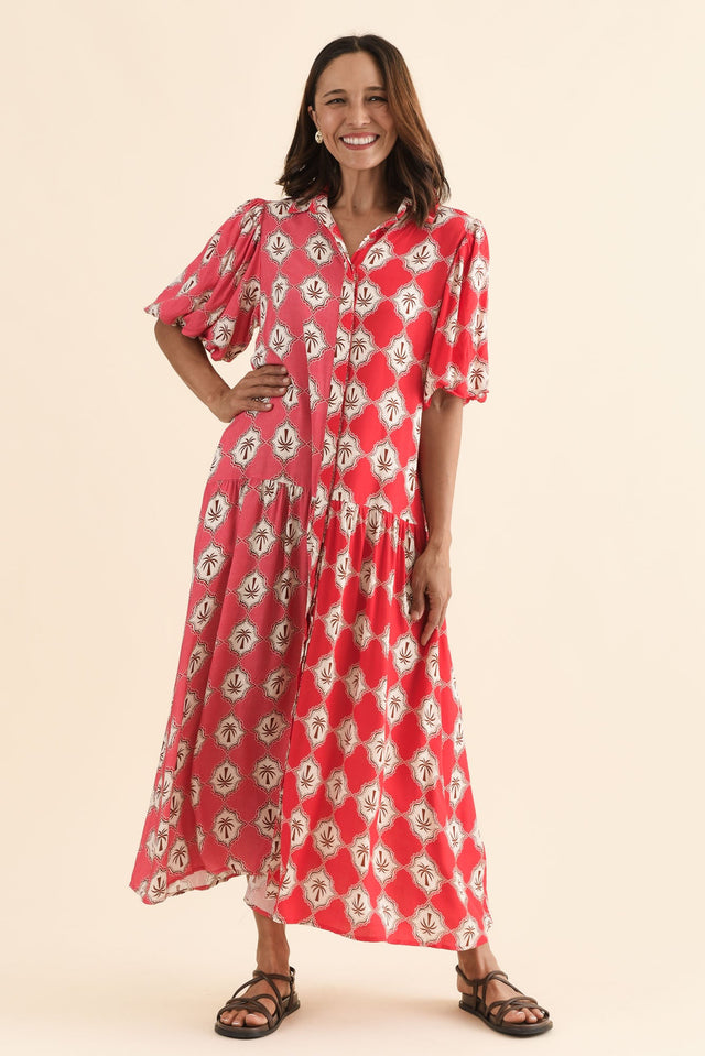 Felix Pink Palm Shirt Dress,Full Body,Brunette model,alt text|model:Cara