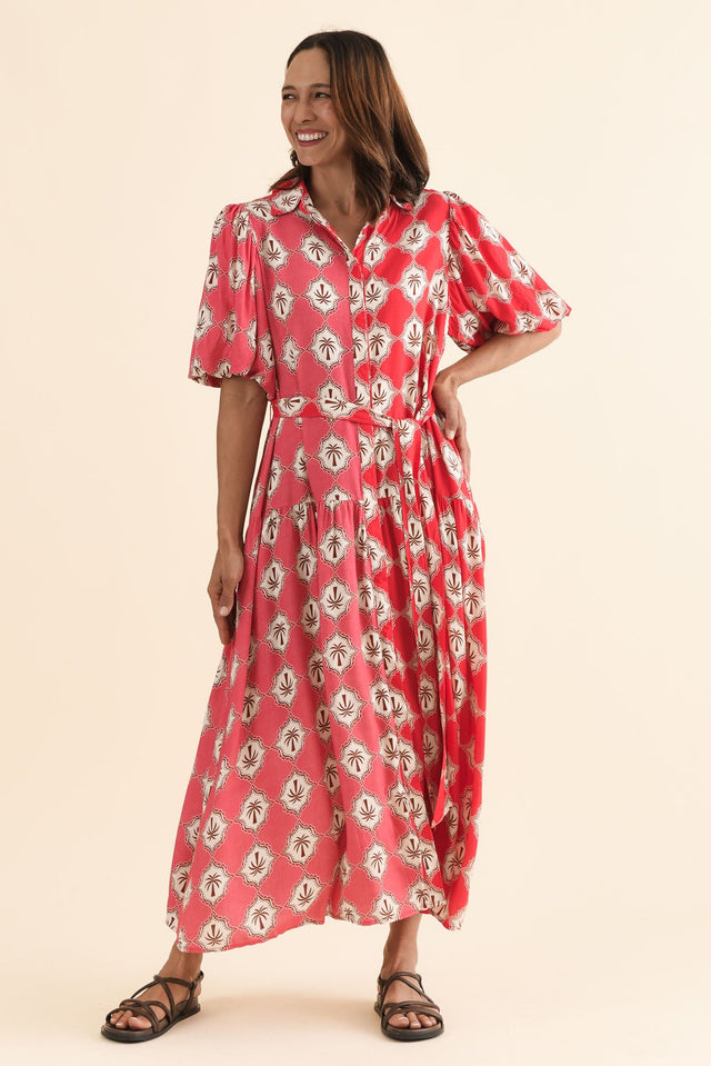 Felix Pink Palm Shirt Dress,Full Body,Brunette model,alt text|model:Cara image 6