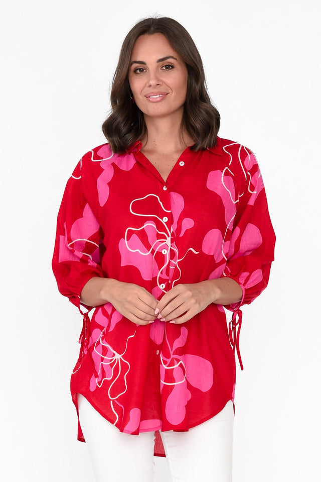 Fenella Red Blossom Cotton Shirt neckline_V Neck  alt text|model:MJ;wearing:XS