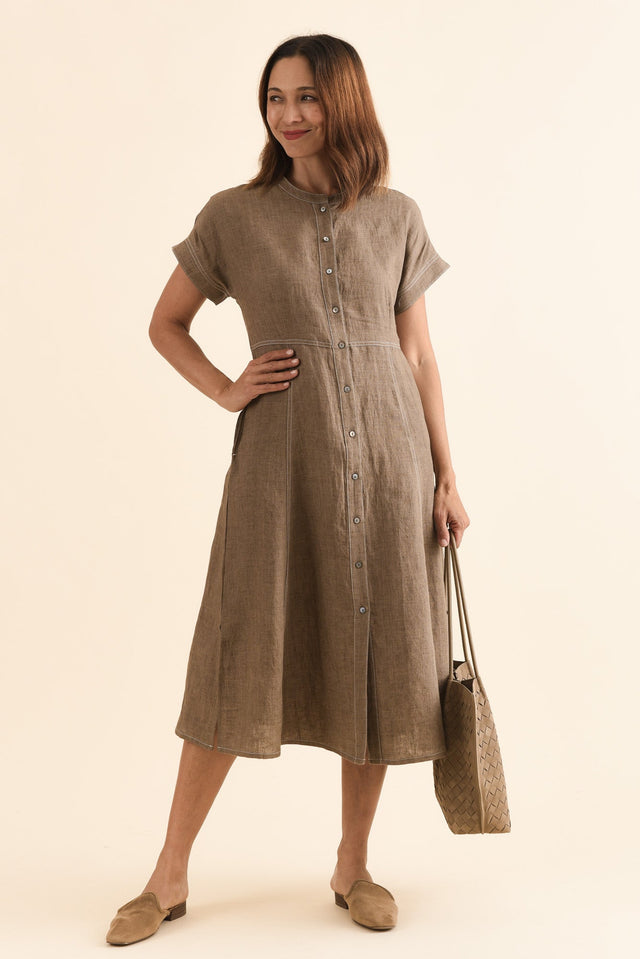 Fenton Mocha Linen Button Dress,Front,Brunette model,alt text|model:Cara