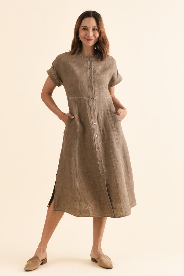 Fenton Mocha Linen Button Dress,Full Body,Brunette model,alt text|model:Cara
