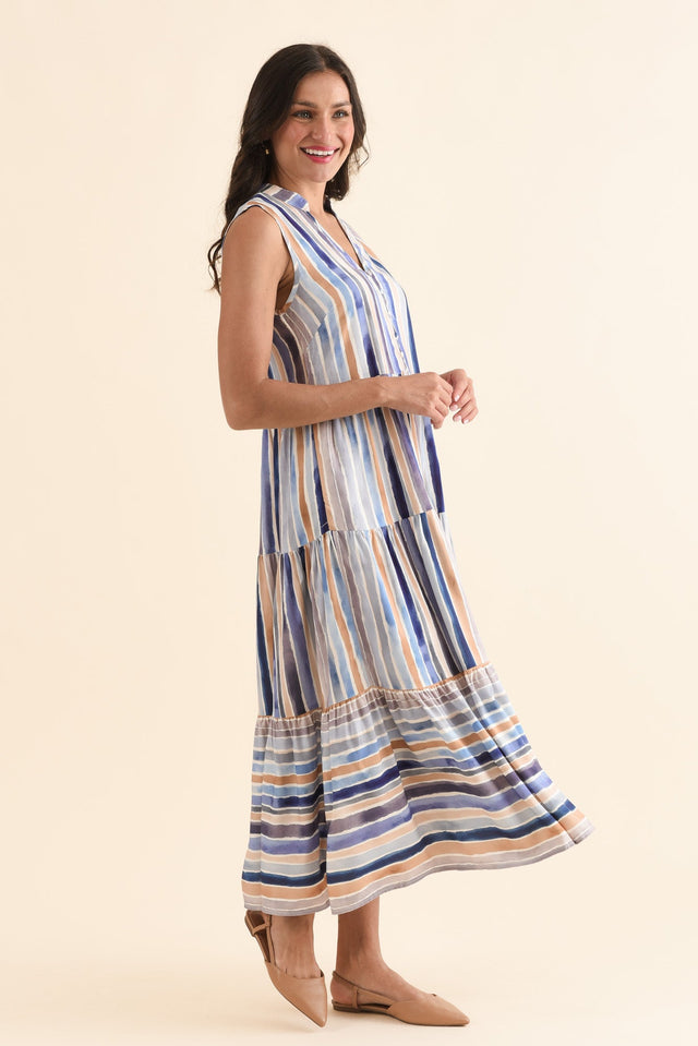 Fernando Blue Stripe Button Dress,Side,Brunette model,alt text|model:Brontie image 3