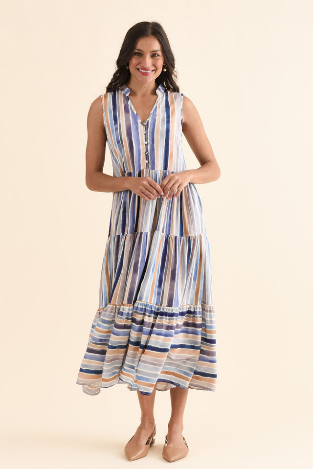 Fernando Blue Stripe Button Dress,Full Body,Brunette model,alt text|model:Brontie image 6