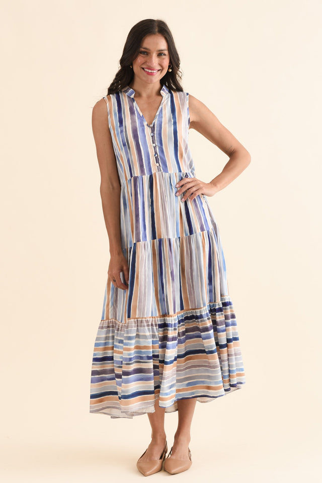 Fernando Blue Stripe Button Dress,Front,Brunette model,alt text|model:Brontie