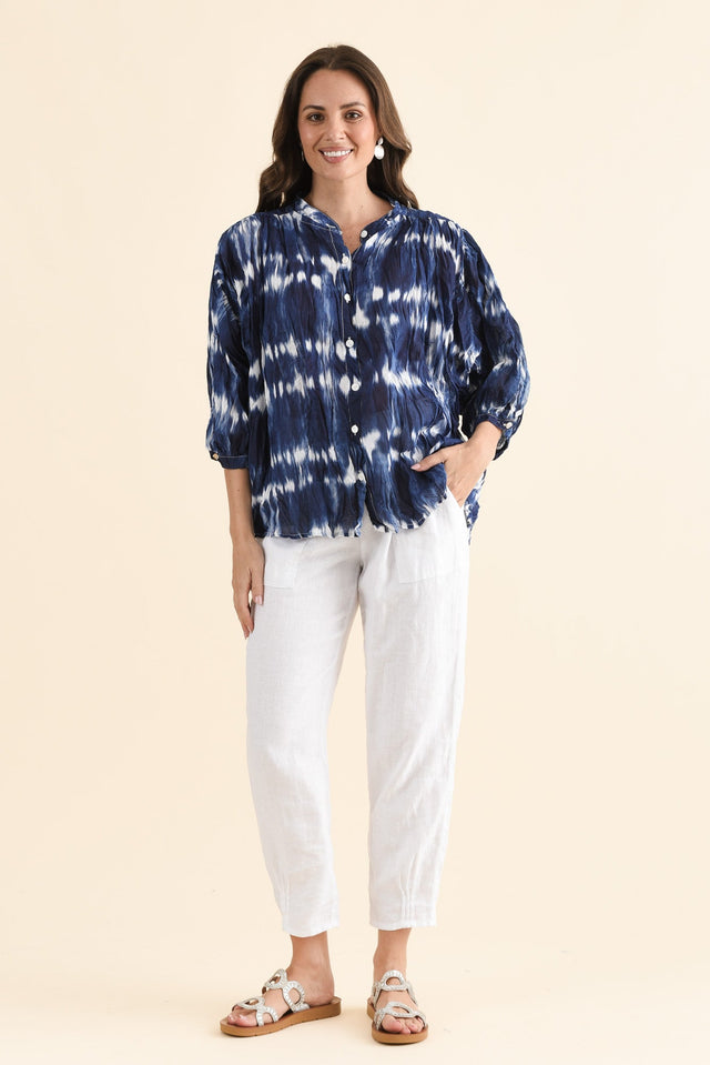 Feyra Navy Tie Dye Crinkle Cotton Blouse,Full Body,Brunette model,alt text|model:MJ image 2