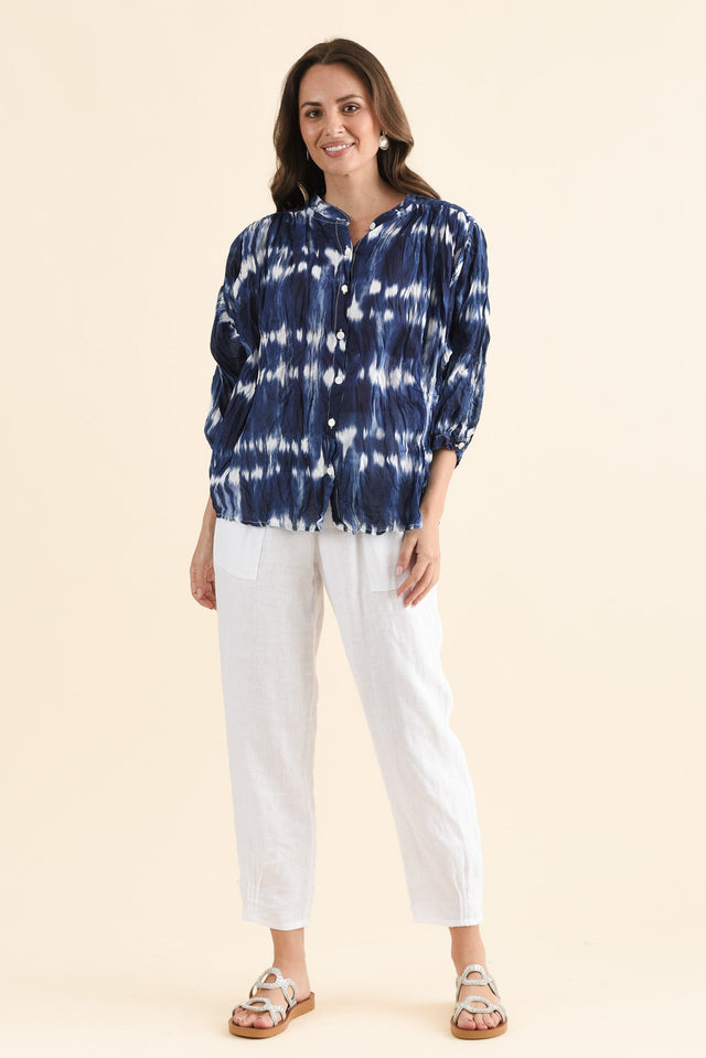 Feyra Navy Tie Dye Crinkle Cotton Blouse,Full Body,Brunette model,alt text|model:MJ image 6
