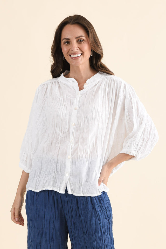 Feyra White Crinkle Cotton Blouse,Front,Brunette model,alt text|model:MJ