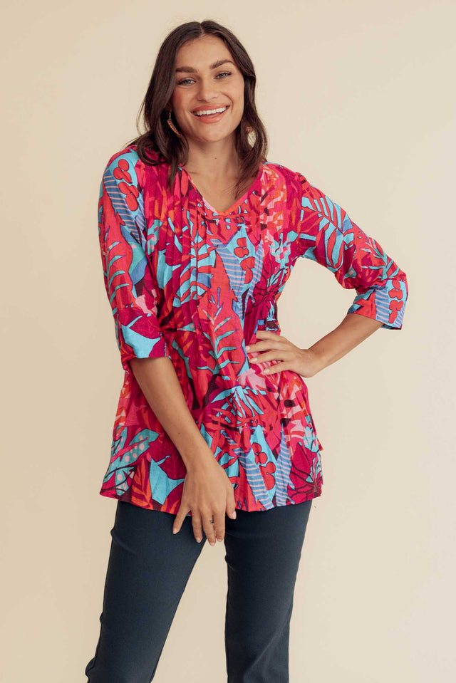 Fia Pink Jungle Sleeved Crinkle Cotton Top