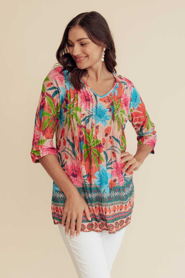 Fia Pink Palm Sleeved Crinkle Cotton Top