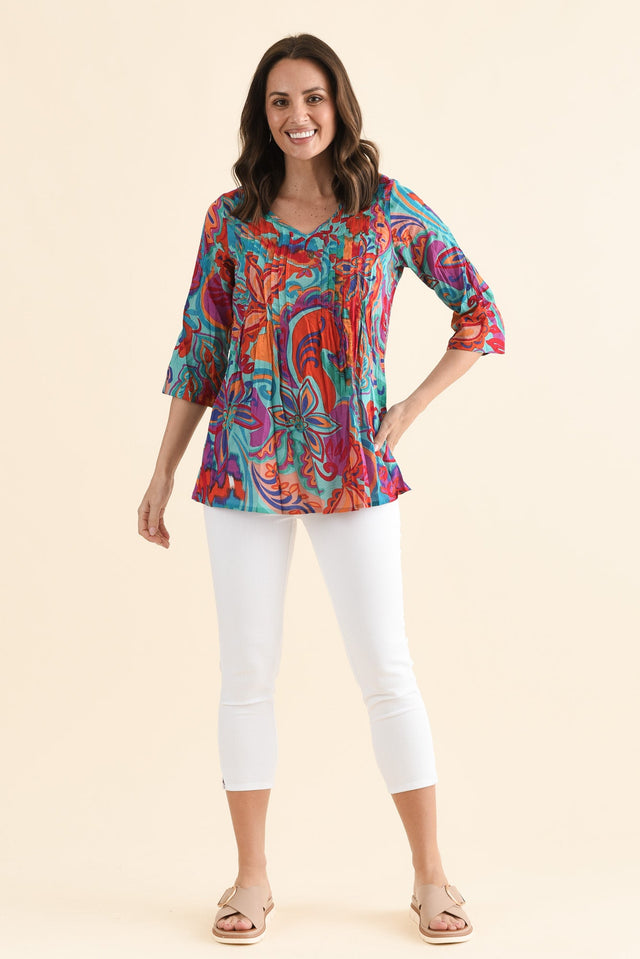 Fia Blue Foliage Sleeved Crinkle Cotton Top,Full Body,Brunette model,alt text|model:MJ image 6