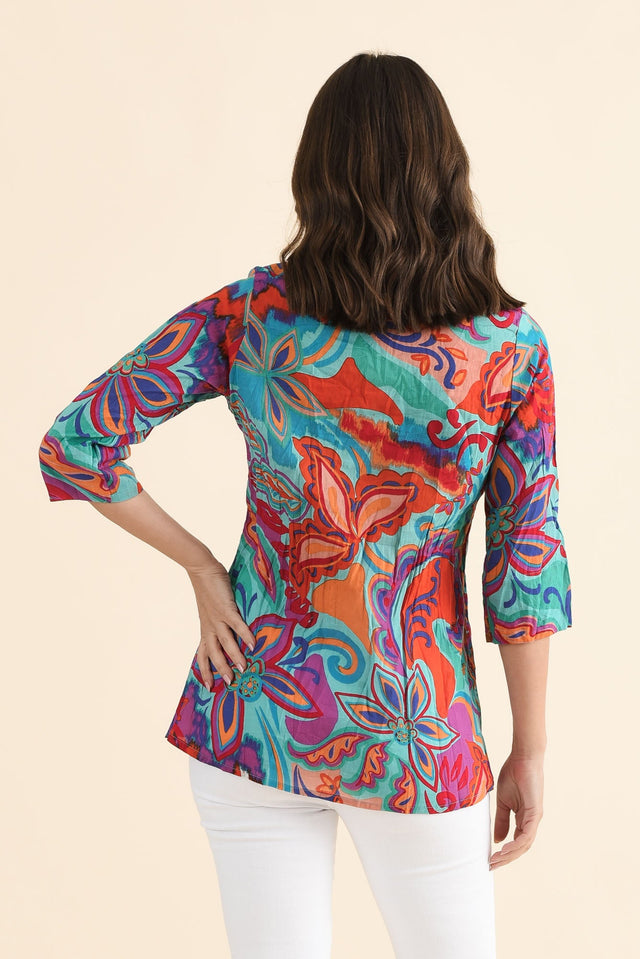 Fia Blue Foliage Sleeved Crinkle Cotton Top,Back,Brunette model,alt text|model:MJ image 4
