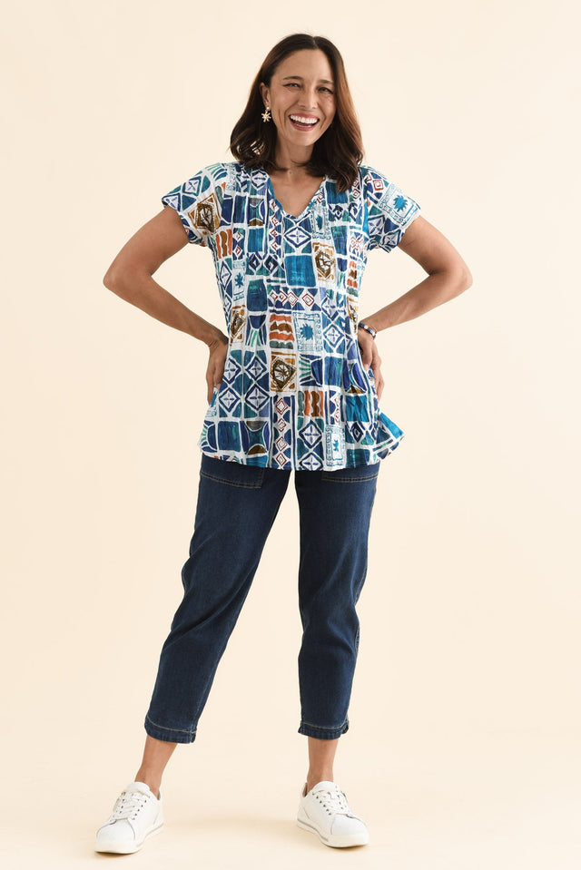 Fia Blue Tile Crinkle Cotton Top,Full Body,Brunette model,alt text|model:Cara
