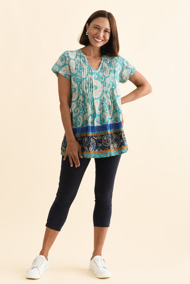 Fia Light Blue Paisley Crinkle Cotton Top,Brunette model,alt text|model:Cara image 7
