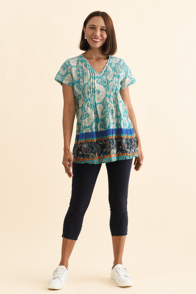 Fia Light Blue Paisley Crinkle Cotton Top,Brunette model,alt text|model:Cara image 3