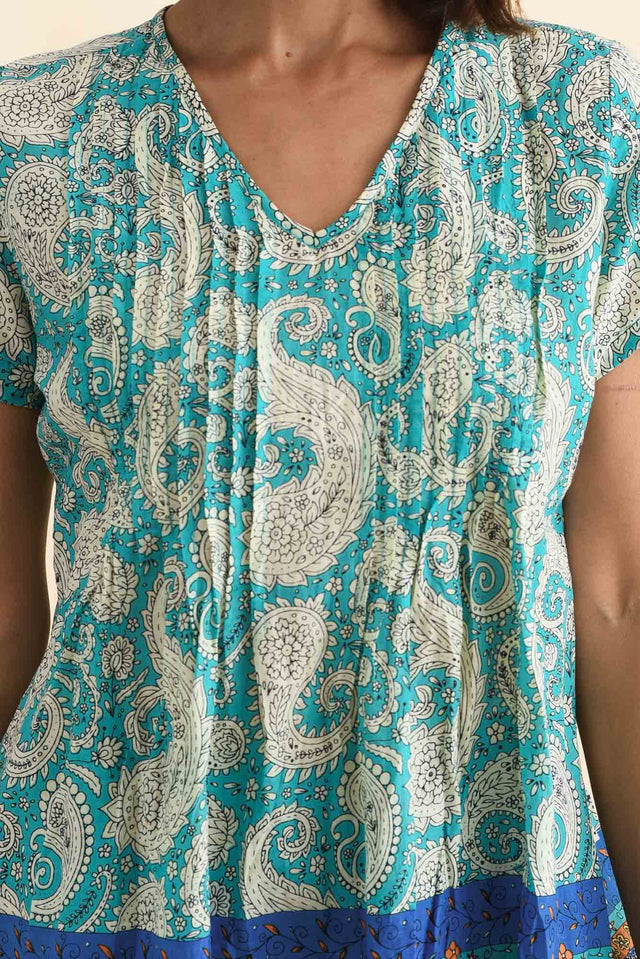Fia Light Blue Paisley Crinkle Cotton Top,Brunette model,alt text|model:Cara image 6