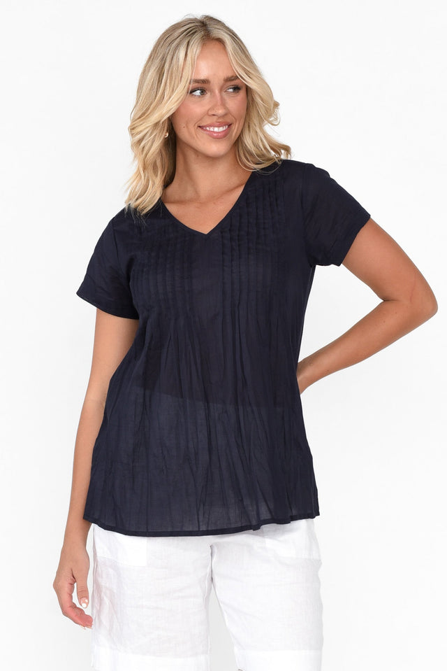 Fia Navy Crinkle Cotton Top