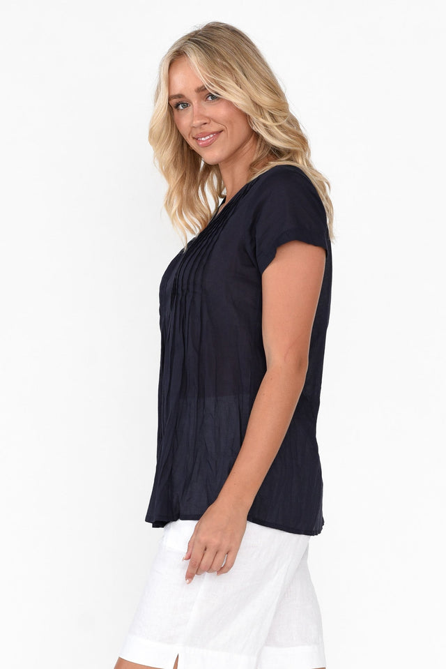 Fia Navy Crinkle Cotton Top