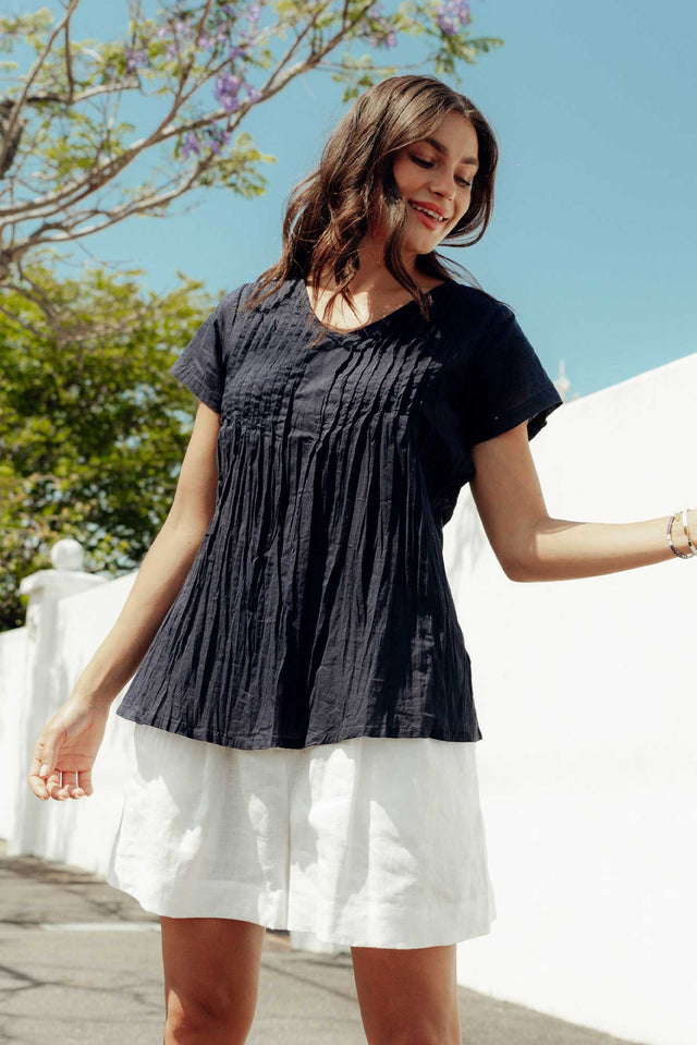 Fia Navy Crinkle Cotton Top