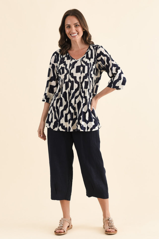 Fia Navy Motif Sleeved Crinkle Cotton Top,Full Body,Brunette model,alt text|model:MJ image 6